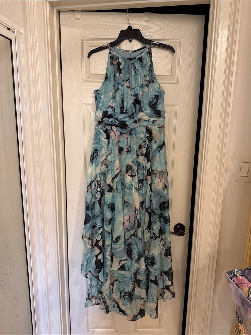 R & M Richards Teal Blue Floral Halter Gown